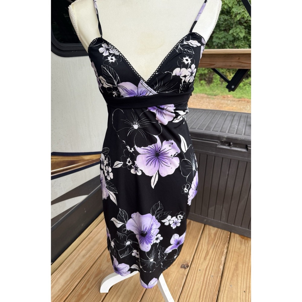 Vtg Y2K 90s Hibiscus Floral Midi Dress Fairy Grunge Babydoll Party Medium
